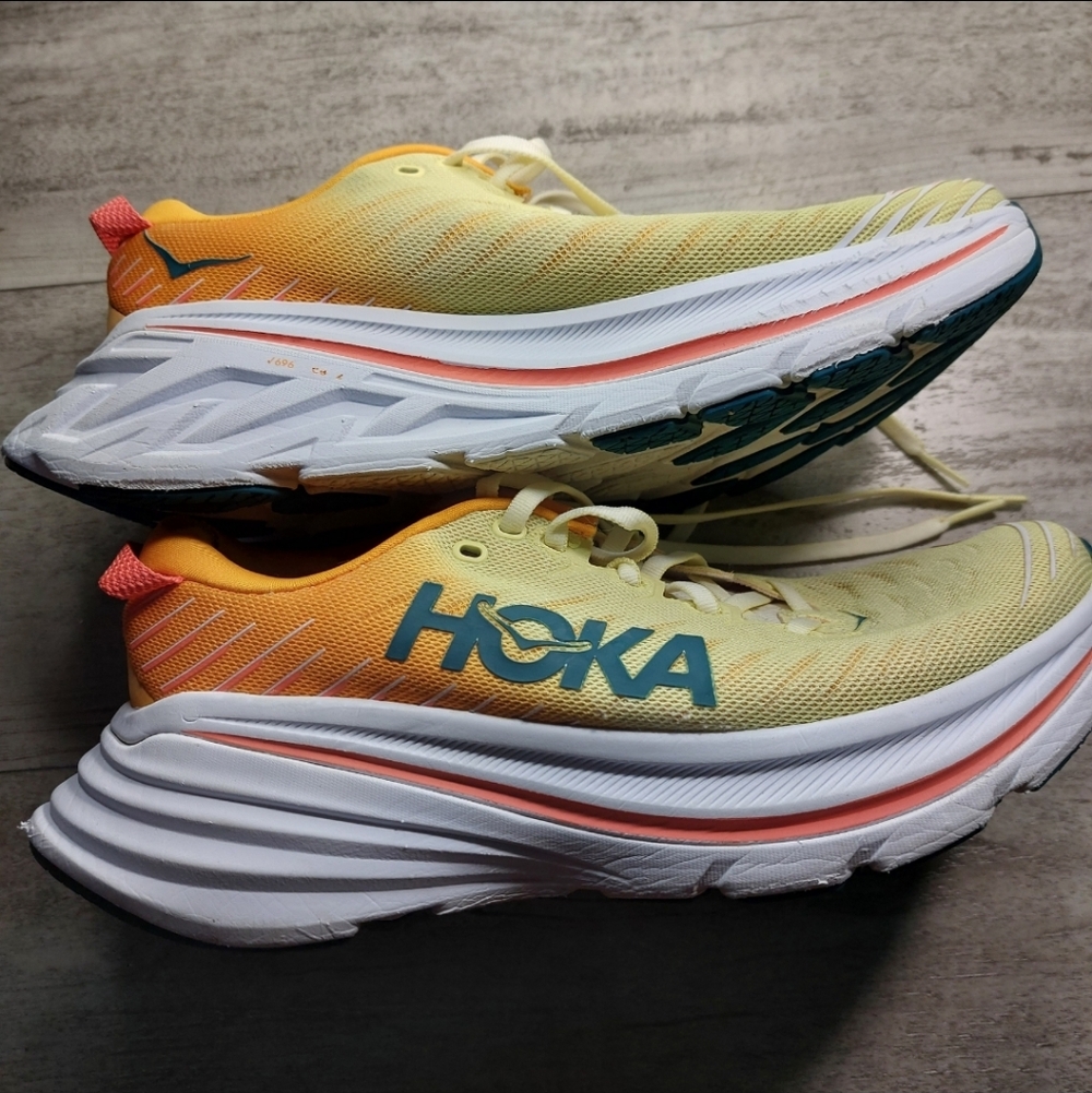 Hoka Yellow Running Shoes with Teal Logo and Coral Stripe